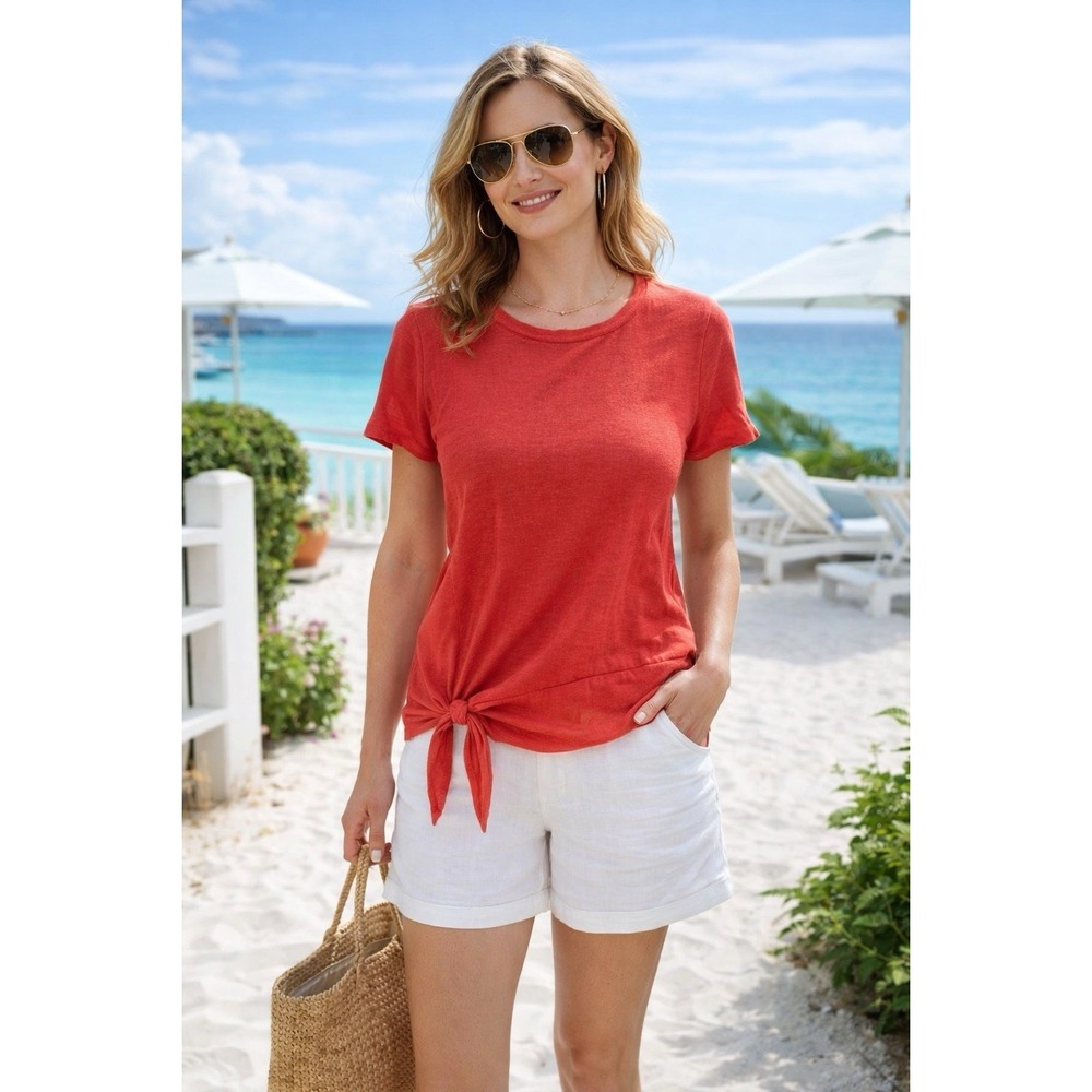 J Jill Top Love 100% Linen XS Tee‎ Tie Waist Red Orange T-shirt Top Short Sleeve